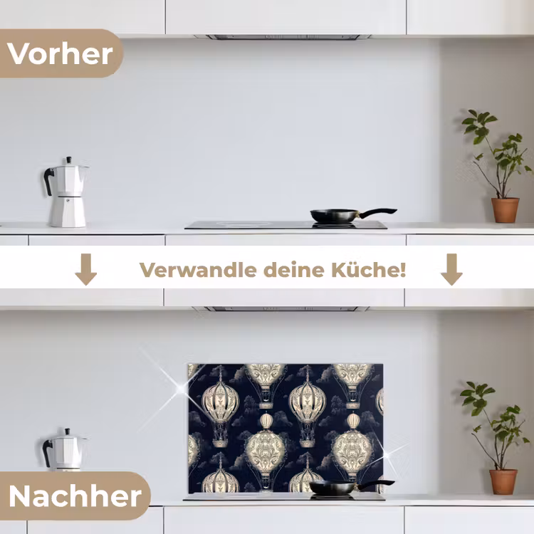Luchtballonnen - Wolken - Patroon - Donkerblauw keuken achterwand spatscherm klein 900 -voor_na_DE