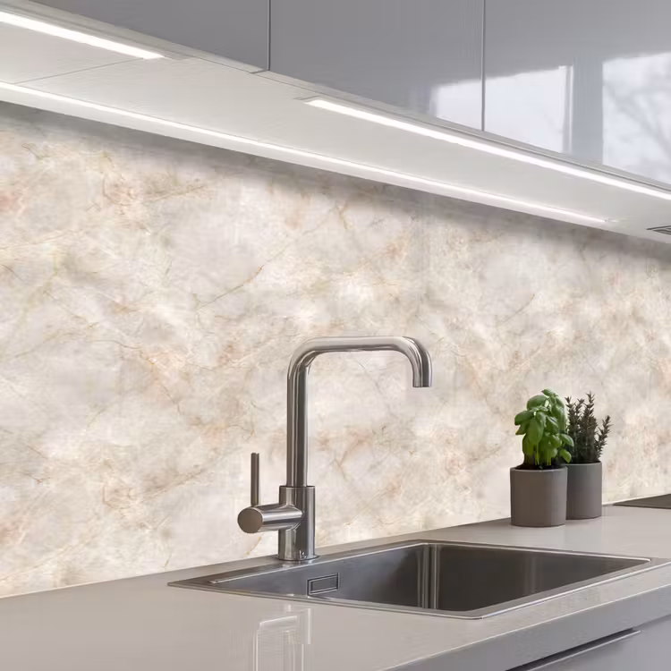 Lichtbeige - Goudbruine Nerven - Marmer keuken achterwand 2 middel 871 -3d_schuin