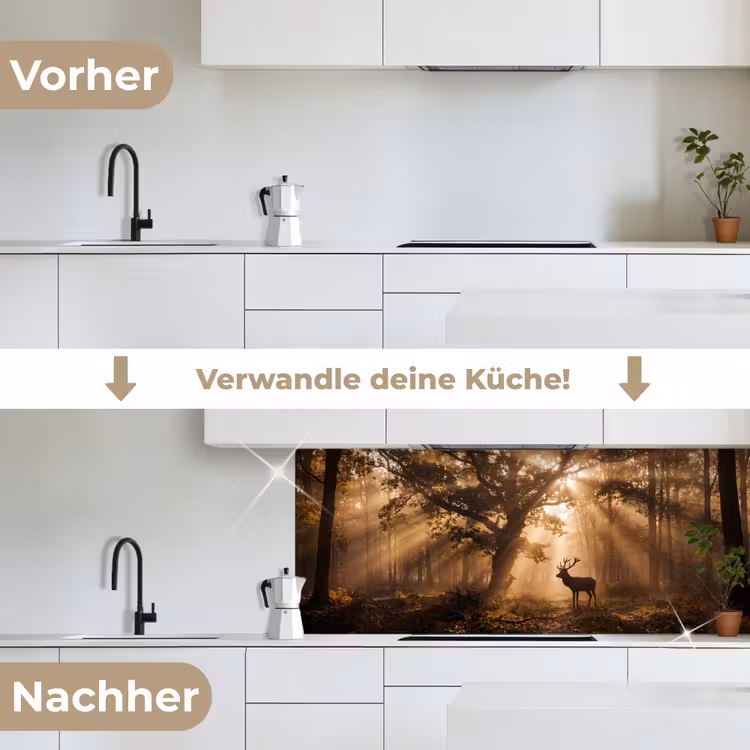 Hert - Bos - Mistig - Natuur - Goud keuken achterwand 2 middel -voor-na_DE