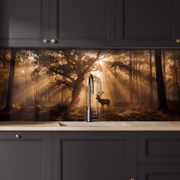 Hert - Bos - Mistig - Natuur - Goud keuken achterwand 2 middel -sfeer1