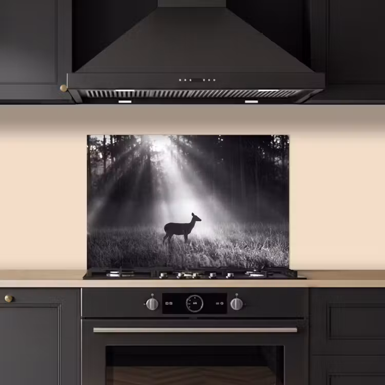 Hert - Bos - Zonnestralen - Zwart-wit - Natuur keuken achterwand spatscherm klein -sfeer1