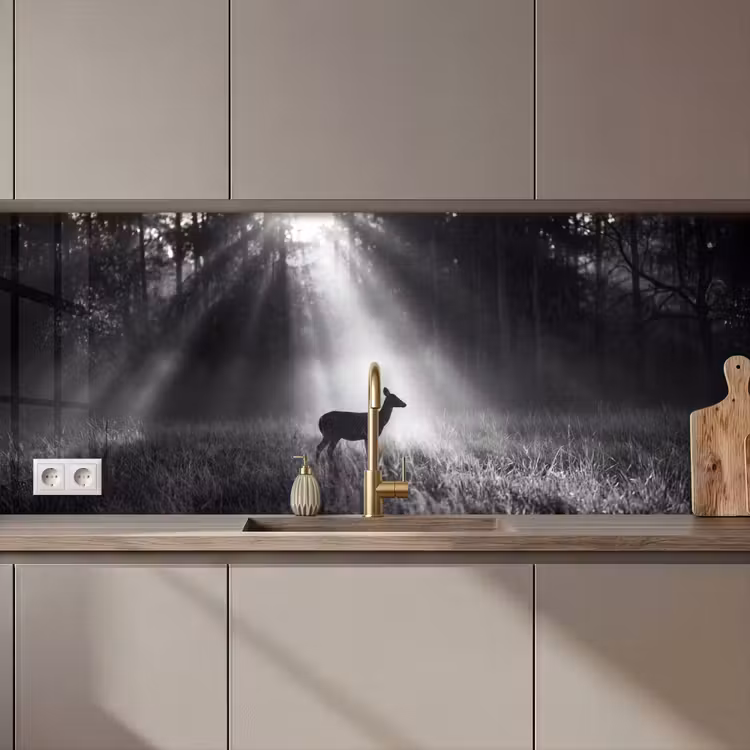 Hert - Bos - Zonnestralen - Zwart-wit - Natuur keuken achterwand 2 middel zz_3dshopping