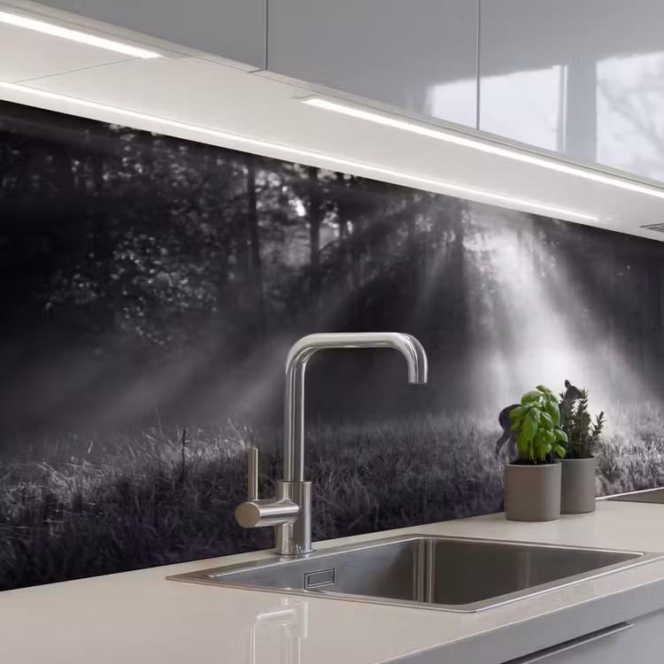 Hert - Bos - Zonnestralen - Zwart-wit - Natuur keuken achterwand 2 middel -3d_schuin