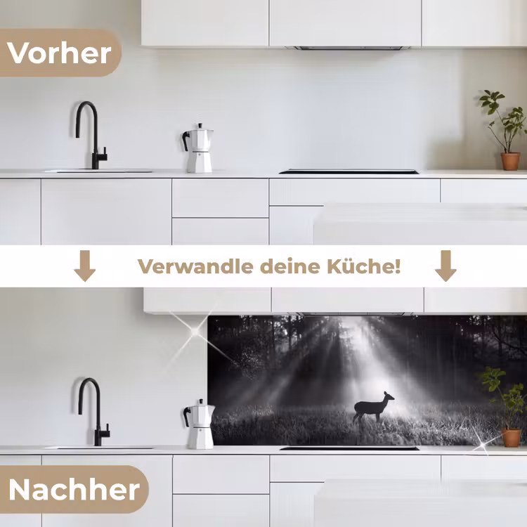 Hert - Bos - Zonnestralen - Zwart-wit - Natuur keuken achterwand 2 middel -voor-na_DE