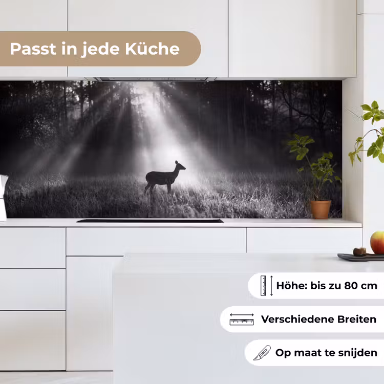 Hert - Bos - Zonnestralen - Zwart-wit - Natuur keuken achterwand 2 middel -sfeer4_DE