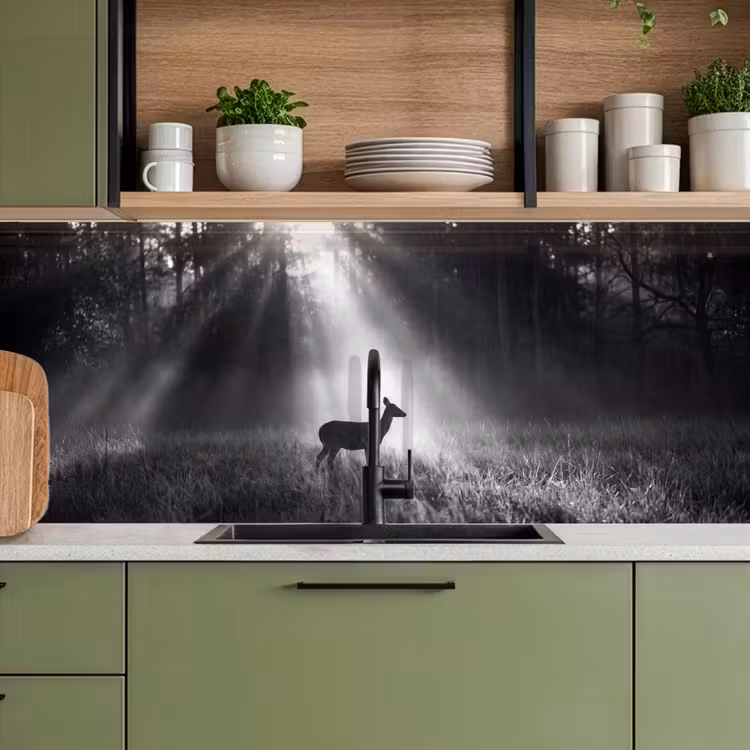 Hert - Bos - Zonnestralen - Zwart-wit - Natuur keuken achterwand 2 middel -sfeer3