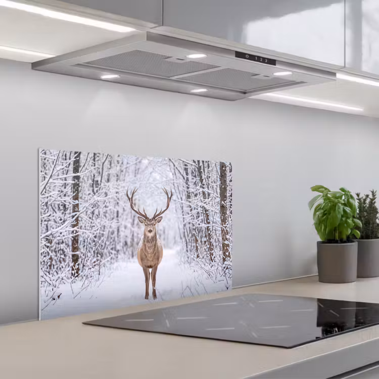 Hert - Winter - Bos - Natuur - Wit keuken achterwand spatscherm klein -3d_schuin