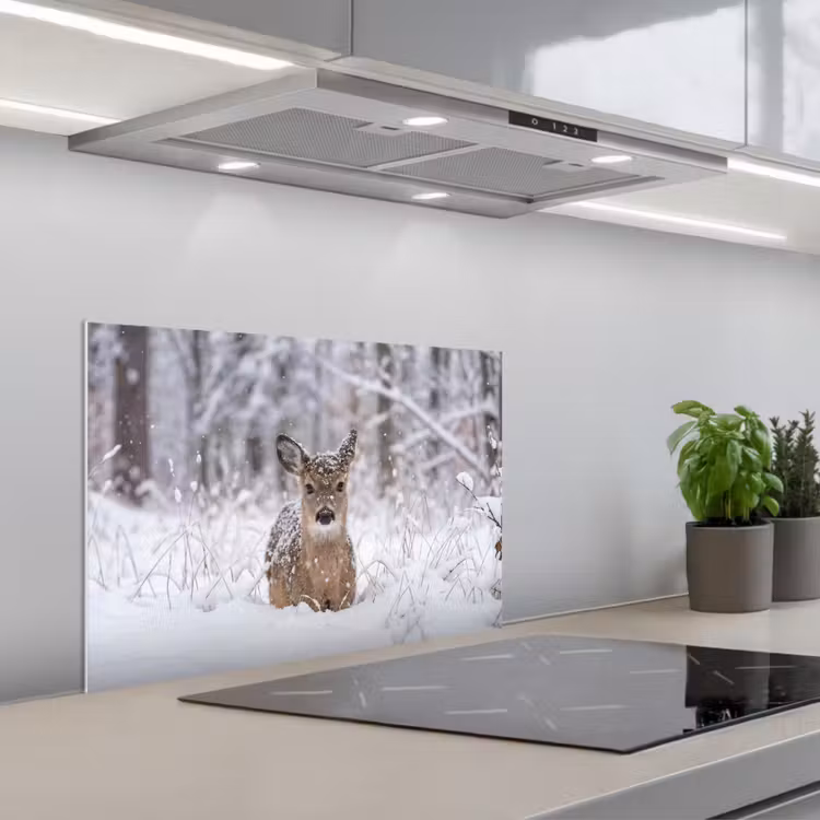 Hert - Sneeuw - Bos - Dieren - Vertederend keuken achterwand spatscherm klein -3d_schuin