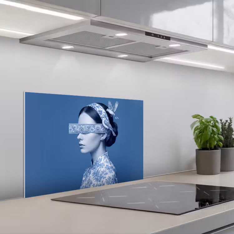 Portret - Klassiek - Wit - Blauw keuken achterwand spatscherm klein -3d_schuin