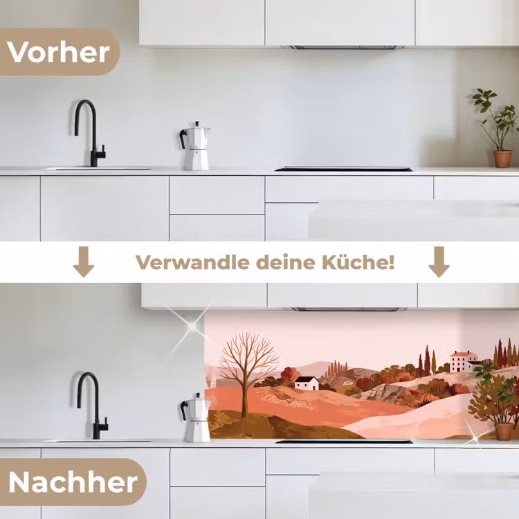 Heuvellandschap - Grafisch - Terracotta keuken achterwand 2 middel -voor-na_DE