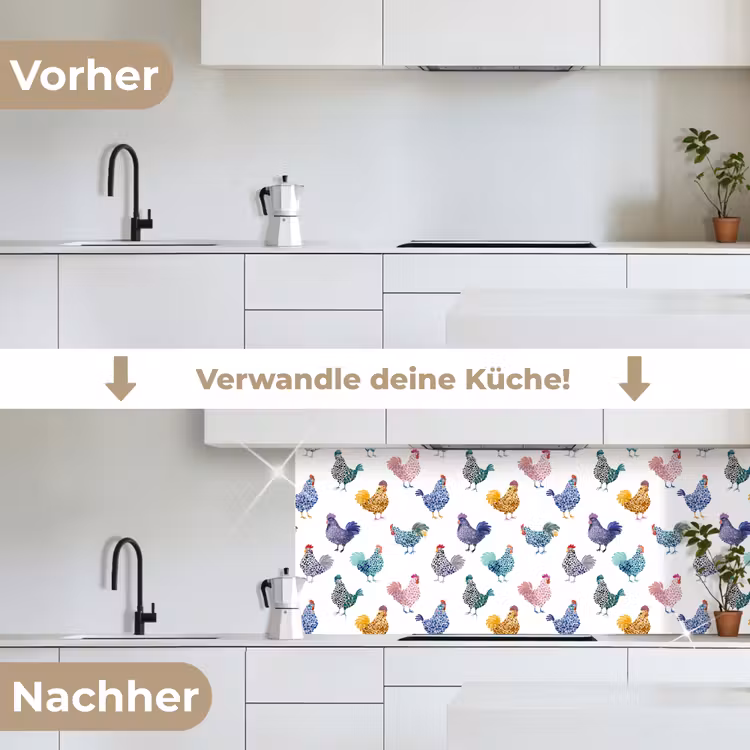 Kippen -Aquarel - Kleurrijk keuken achterwand 2 middel 871 -voor-na_DE