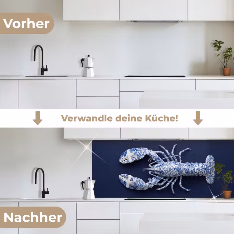Kreeft - Porselein - Delfts - Blauw keuken achterwand 2 middel -voor-na_DE