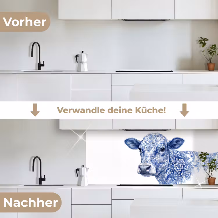 Illustratie - Koe - Blauw keuken achterwand 2 middel -voor-na_DE