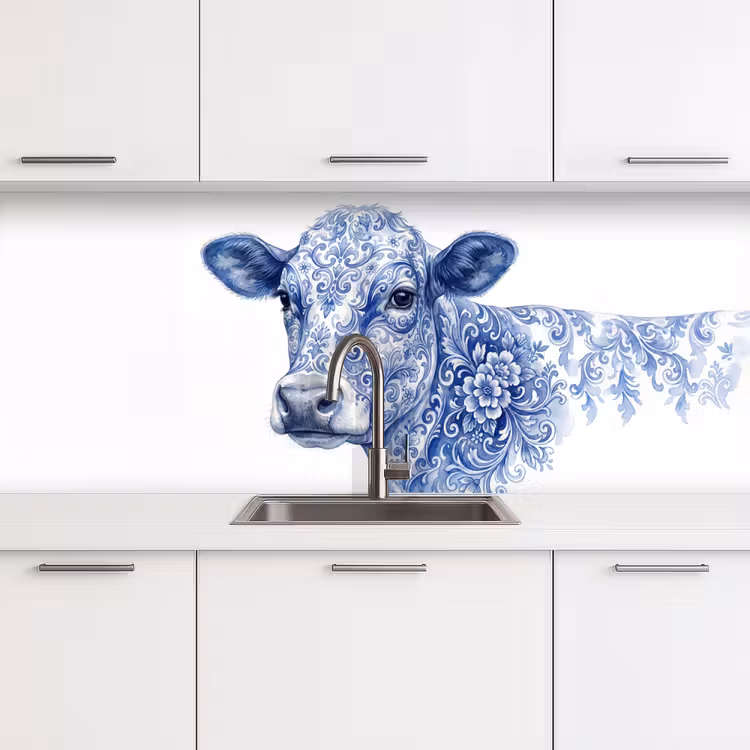 Illustratie - Koe - Blauw keuken achterwand 2 middel -3d