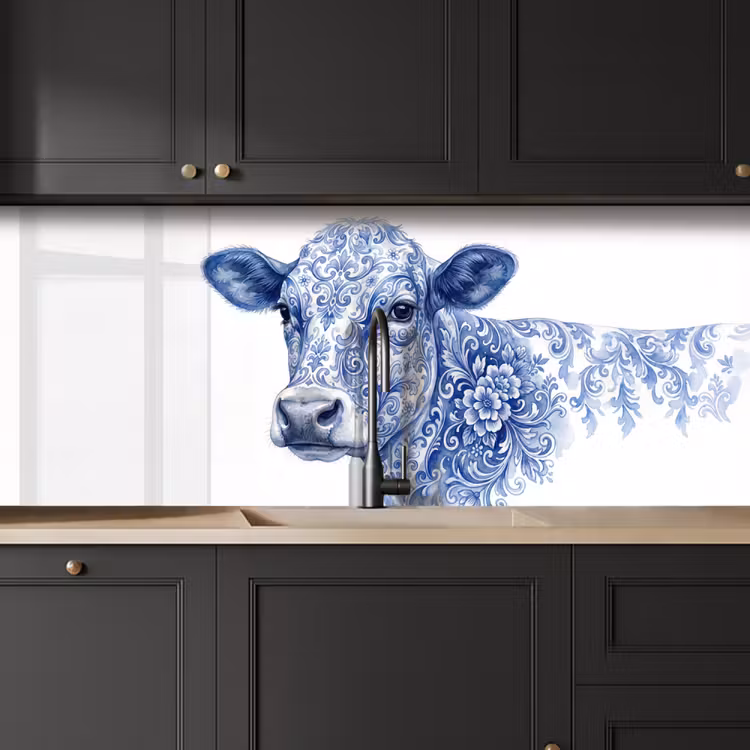 Illustratie - Koe - Blauw keuken achterwand 2 middel -sfeer1