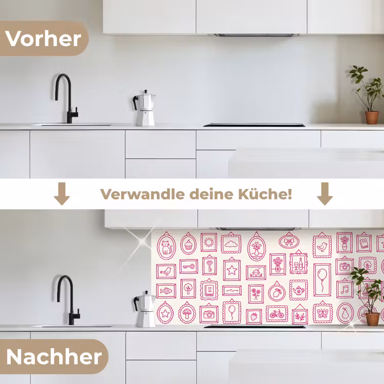 Illustratie - Collectie - Kunst - Minimalistisch - Roze keuken achterwand 2 middel -voor-na_DE