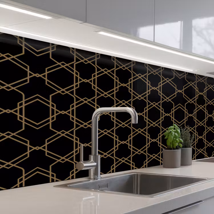 Verweven - Zeshoeken - Zwart - Goud keuken achterwand 2 middel 871 -3d_schuin