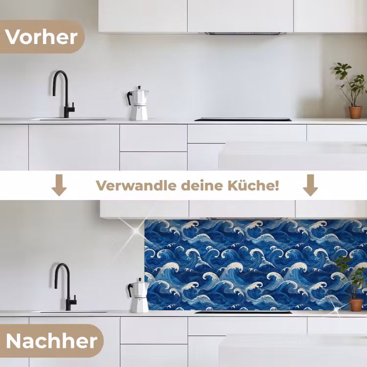 Japans - Oceaan - Golven - Blauw keuken achterwand 2 middel 871 -voor-na_DE