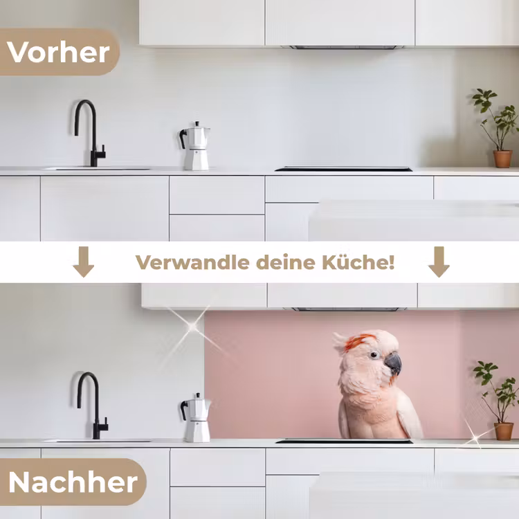 Kaketoe - Portret - Roze keuken achterwand 2 middel -voor-na_DE