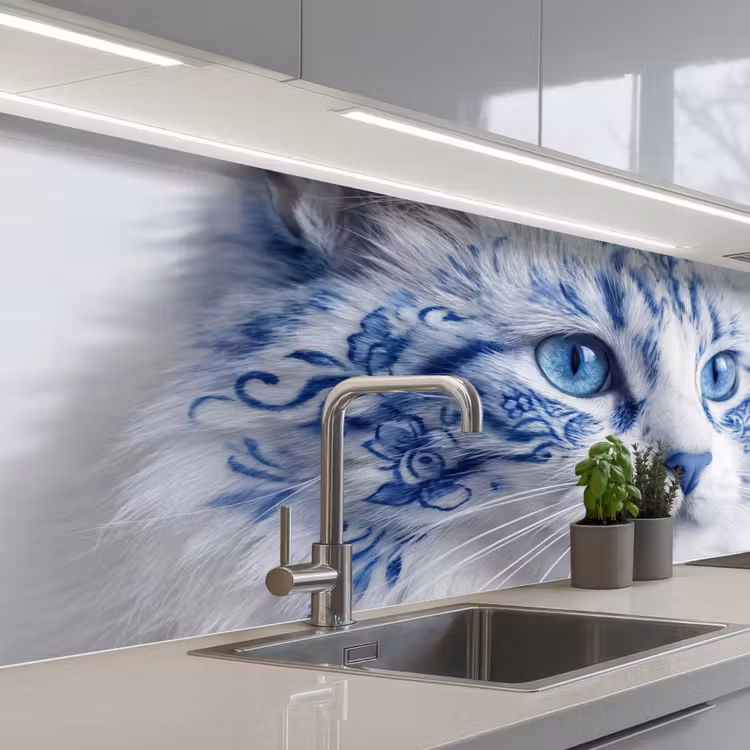 Kat - Patroon - Blauw keuken achterwand 2 middel -3d_schuin
