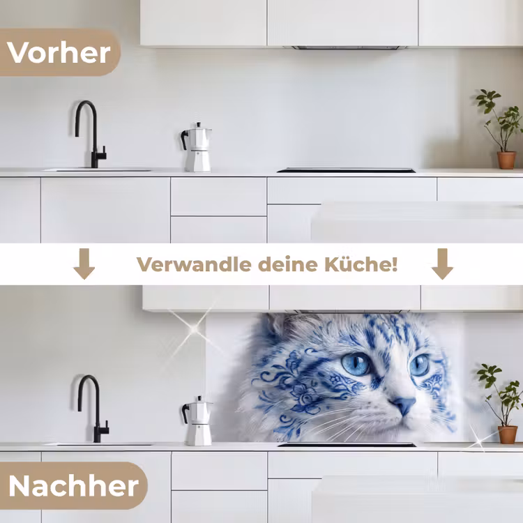 Kat - Patroon - Blauw keuken achterwand 2 middel -voor-na_DE