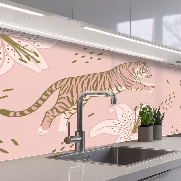 Kat - Springend - Bloemen - Abstract - Roze keuken achterwand 2 middel -3d_schuin