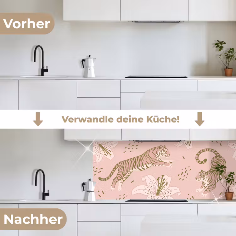 Kat - Springend - Bloemen - Abstract - Roze keuken achterwand 2 middel -voor-na_DE