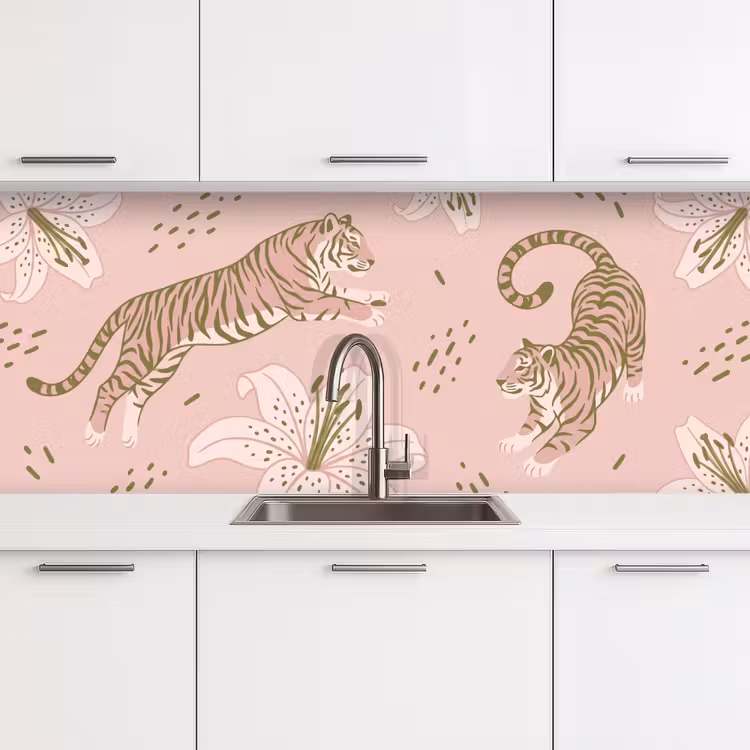 Kat - Springend - Bloemen - Abstract - Roze keuken achterwand 2 middel -3d