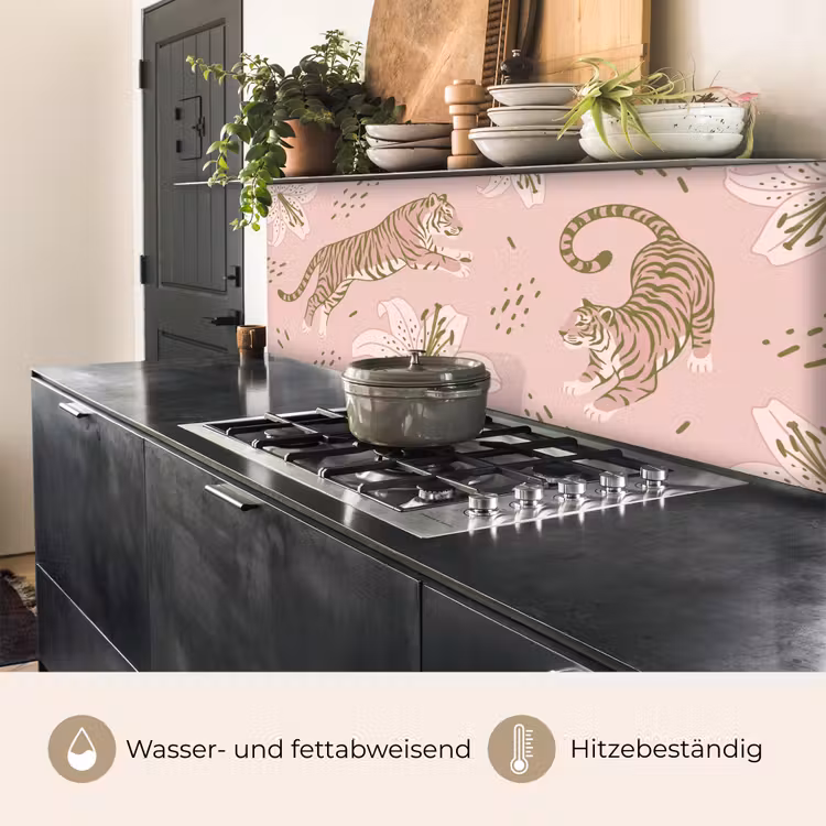 Kat - Springend - Bloemen - Abstract - Roze keuken achterwand 2 middel -usp_DE