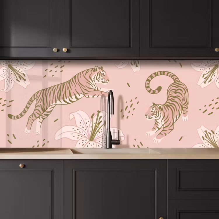Kat - Springend - Bloemen - Abstract - Roze keuken achterwand 2 middel -sfeer1