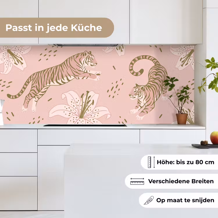 Kat - Springend - Bloemen - Abstract - Roze keuken achterwand 2 middel -sfeer4_DE