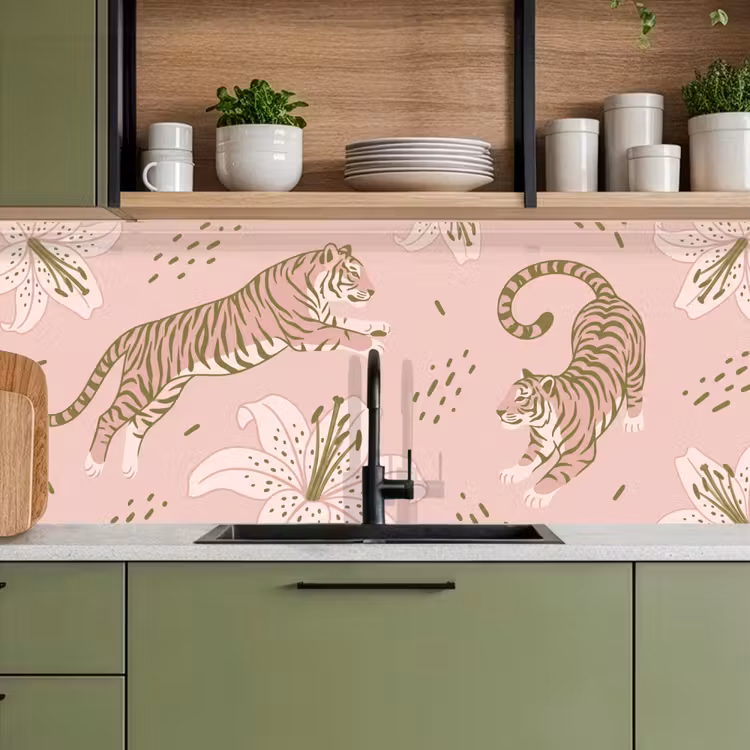 Kat - Springend - Bloemen - Abstract - Roze keuken achterwand 2 middel -sfeer3