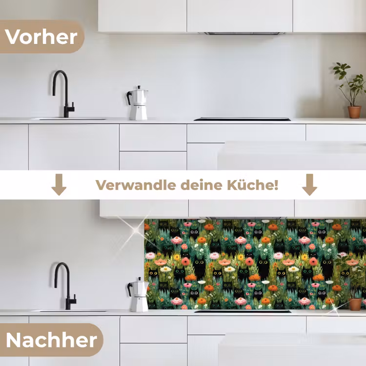Katten - Bloemen - Kleurrijk keuken achterwand 2 middel 871 -voor-na_DE