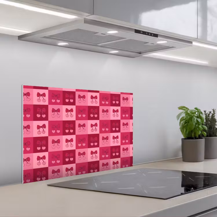Kersen - Strikjes - Speels - Roze - Bordeaux keuken achterwand spatscherm klein 900 -3d_schuin