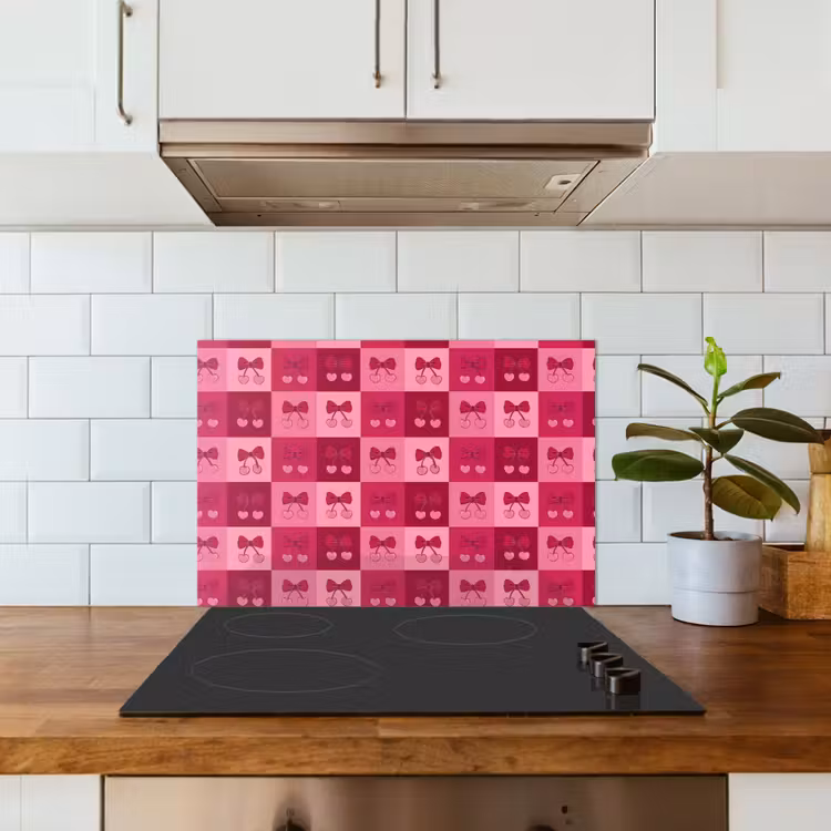 Kersen - Strikjes - Speels - Roze - Bordeaux keuken achterwand spatscherm klein 900 -sfeer2