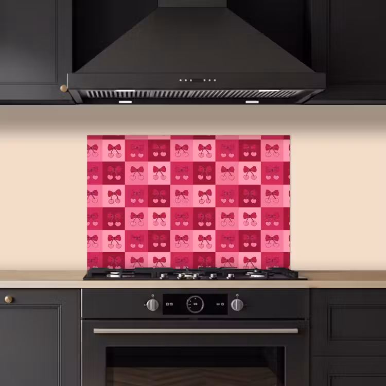 Kersen - Strikjes - Speels - Roze - Bordeaux keuken achterwand spatscherm klein 900 -sfeer1