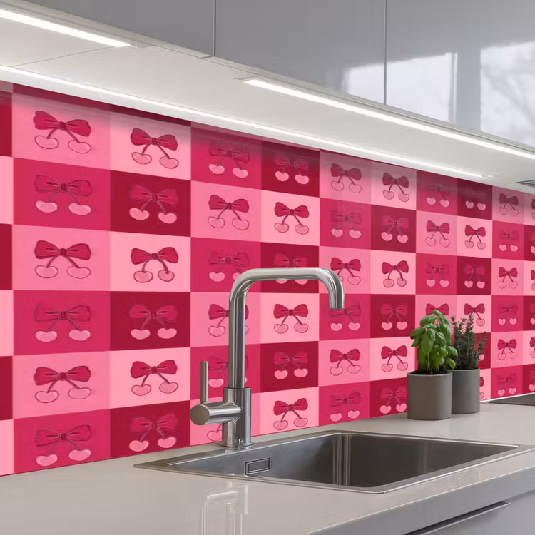 Kersen - Strikjes - Speels - Roze - Bordeaux keuken achterwand 2 middel 871 -3d_schuin