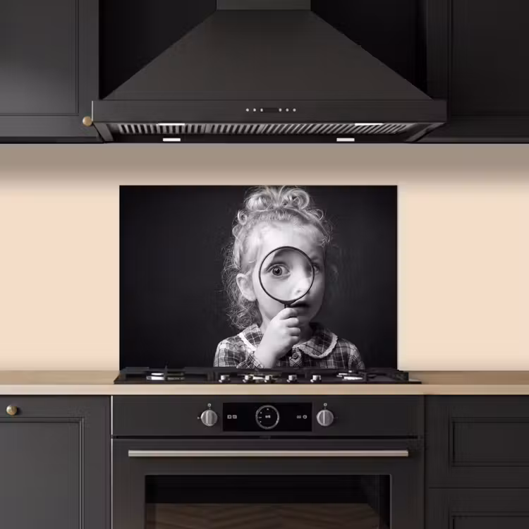 Kind - Vergrootglas - Portret - Zwart-wit keuken achterwand spatscherm klein -sfeer1