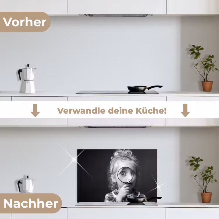 Kind - Vergrootglas - Portret - Zwart-wit keuken achterwand spatscherm klein -voor_na_DE