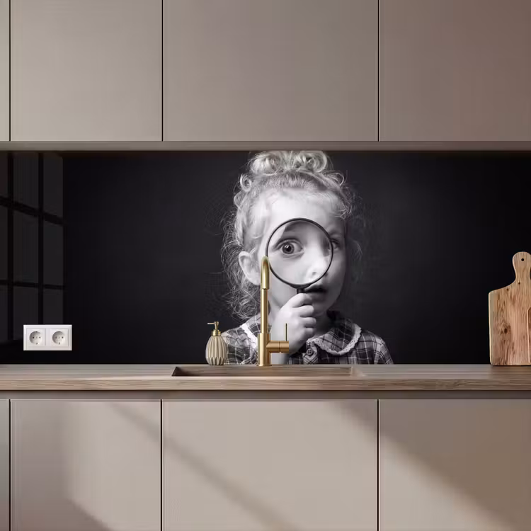 Kind - Vergrootglas - Portret - Zwart-wit keuken achterwand 2 middel zz_3dshopping