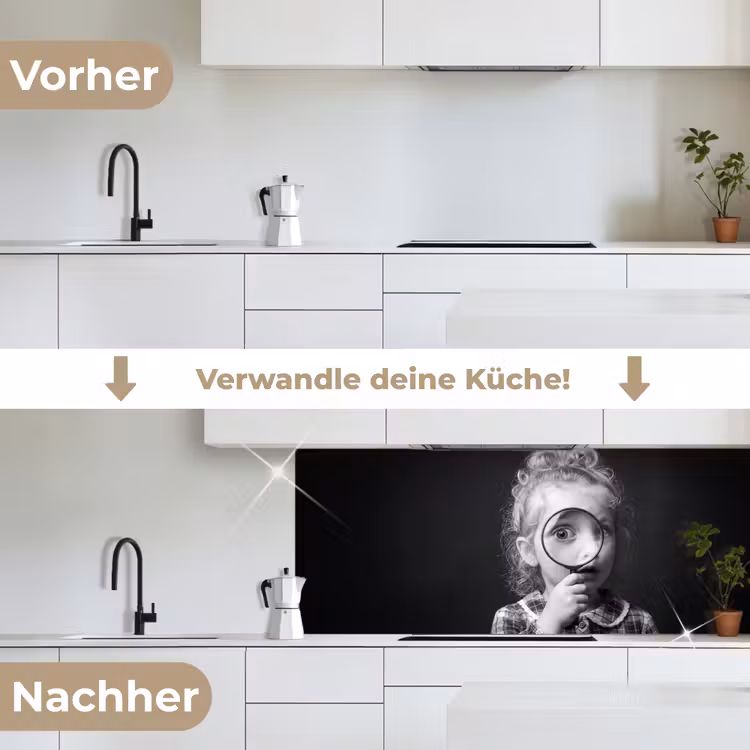 Kind - Vergrootglas - Portret - Zwart-wit keuken achterwand 2 middel -voor-na_DE