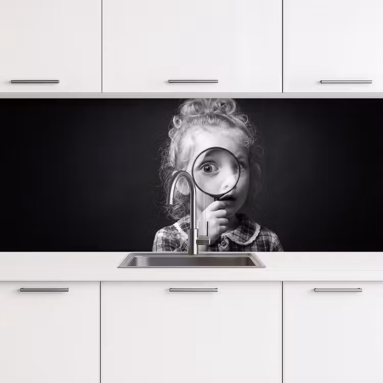 Kind - Vergrootglas - Portret - Zwart-wit keuken achterwand 2 middel -3d