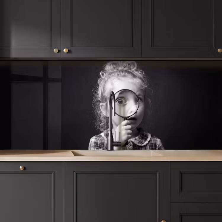 Kind - Vergrootglas - Portret - Zwart-wit keuken achterwand 2 middel -sfeer1
