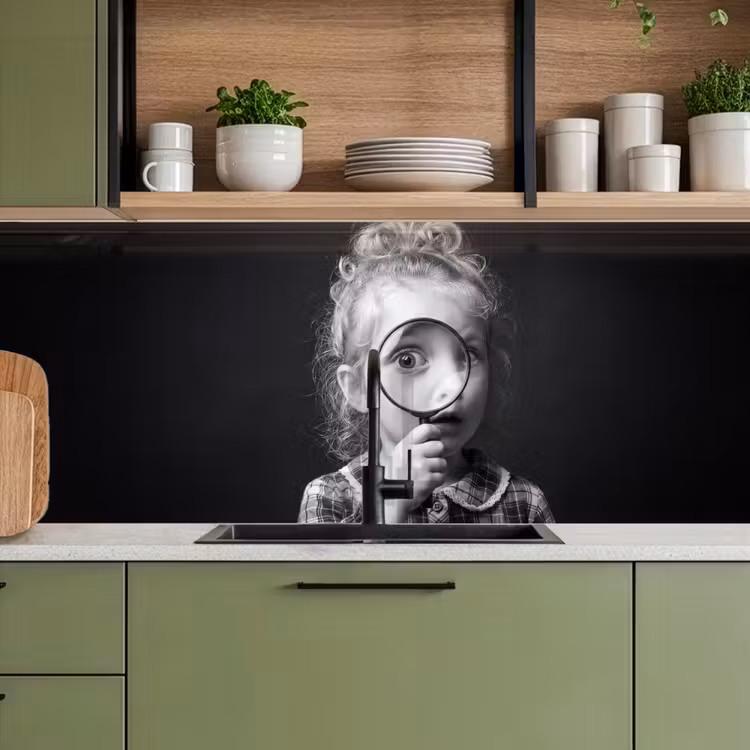 Kind - Vergrootglas - Portret - Zwart-wit keuken achterwand 2 middel -sfeer3