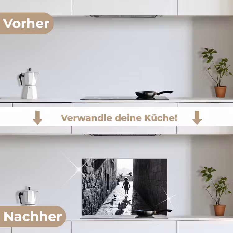 Kind - Vogel - Straat - Zwart-wit - Spelen keuken achterwand spatscherm klein -voor_na_DE