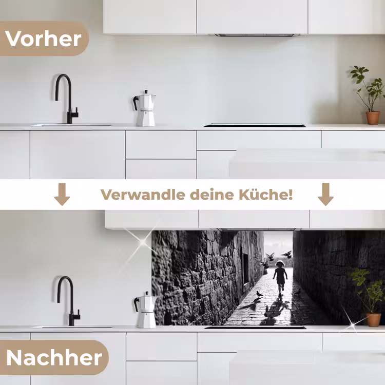 Kind - Vogel - Straat - Zwart-wit - Spelen keuken achterwand 2 middel -voor-na_DE