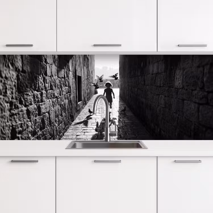Kind - Vogel - Straat - Zwart-wit - Spelen keuken achterwand 2 middel -3d