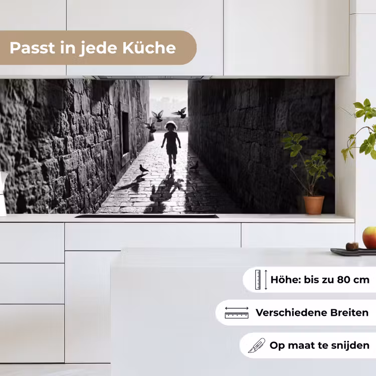 Kind - Vogel - Straat - Zwart-wit - Spelen keuken achterwand 2 middel -sfeer4_DE