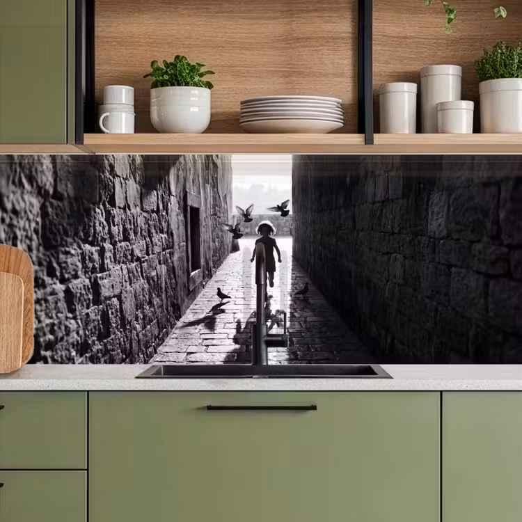 Kind - Vogel - Straat - Zwart-wit - Spelen keuken achterwand 2 middel -sfeer3