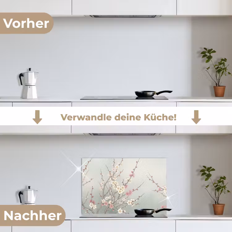 Kersen - Bloesem - Groen keuken achterwand spatscherm klein -voor_na_DE
